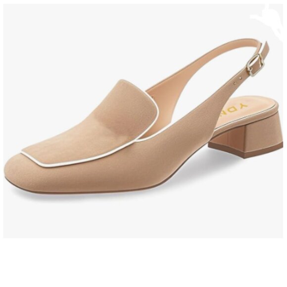 YDN Beige Square Toe Block Low Heels Slingback Formal Loafer Dressy Pump - Picture 1 of 7